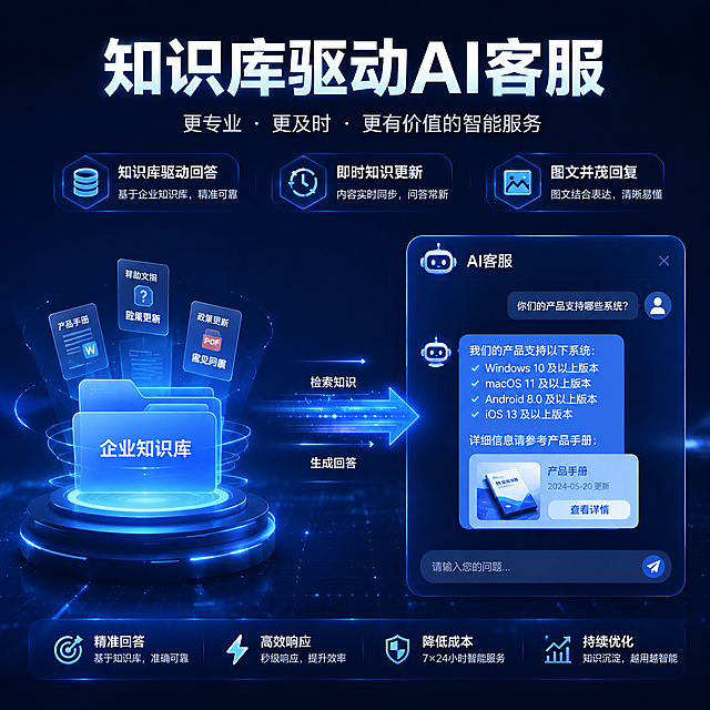 科技风电商主图，展示知识库驱动AI客服，突出「知识库驱动回答 即时知识更新 图文并茂回复」特点，深蓝科技光效背景，文字精简，商务科技风格