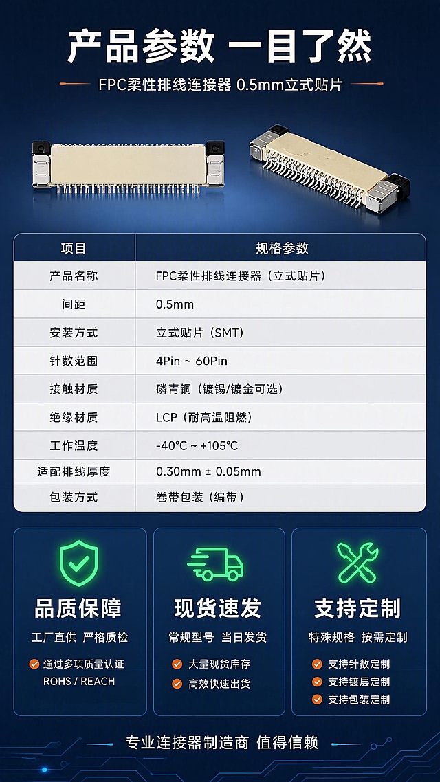 [第8张] 详情页产品信息收尾-规格参数表+售后保障+定制服务。本张使用【图1】中的一款连接器作为参数页配图。
[氛围/风格] 工业科技风，深蓝底部收尾，专业可信，信息完整。
[元素布局] 画面上方放置一款FPC连接器产品侧视+正视组合展示，占比约25%；中部为详细规格参数表；下部为售后保障与定制服务区，三栏并列；背景为深蓝色渐变+底部科技感装饰线条；产品外观与原图一致。
[光影质感] 顶部柔光照明，参数表清晰明亮，底部保障区有图标发光效果。
[配色色系] 全局底色#1A2942深蓝；主色白色文字；辅助色橙色#FF7A00强调、绿色#4CAF50保障图标、浅灰表格底。
[视角构图] 正面平视，阅读动线顶部产品→中部参数表→底部保障+定制服务。
[文字版式] 顶部主标题「产品参数 一目了然」，副标题「FPC柔性排线连接器 0.5mm立式贴片」；参数表包含：产品名称、间距、安装方式、针数范围、接触材质、绝缘材质、工作温度、适配排线厚度、包装方式等9项；底部三栏保障区：左「品质保障」工厂直供 严格质检，中「现货速发」常规型号 当日发货，右「支持定制」特殊规格 按需定制；最底部小字「专业连接器制造商 值得信赖」。
[比例分辨率] 9:16竖版比例，4K分辨率，文字清晰可辨，高清画质。
[负向提示词] 产品变形，参数模糊，水印，文字错乱，颜色偏差，表格不清。