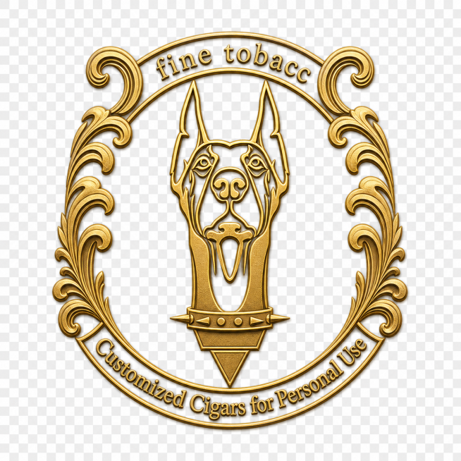 参考此图片的复古徽章花纹边框风格，将中间logo替换成提供的杜宾犬头像，上方弧形英文改为 "fine tobacc"，下方弧形英文改为 "Customized Cigars for Personal预览效果