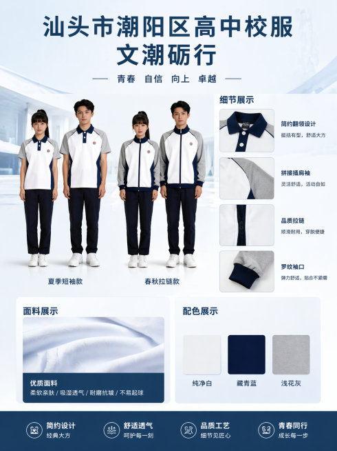 设计一张高级感的汕头市潮阳区高中校服宣传海报，参考图片中包含短袖夏款和春秋拉链款校服，设计排版包含模特全身展示图、校服细节展示图（去除校徽细节）、面料展示区域、配色展示区域，海报所有文字使用简体中文，预览效果