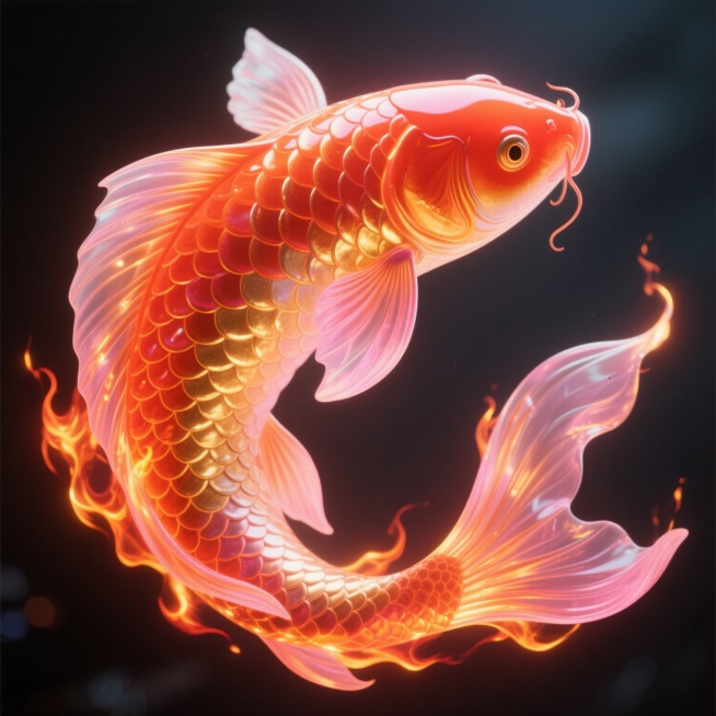 超现实风格的梦幻锦鲤，身体呈现出流动的渐变效果，闪耀着明亮的橙红色光芒，搭配温暖的金色和柔和的粉色点缀，鱼鳞如同燃烧的火焰般层层叠叠，半透明的鱼鳍边缘泛着炽热的光晕，整体造型优雅地弯曲成环形，充满神秘而热烈的氛围，细节精致，光影效果梦幻，色彩鲜明且富有层次感。预览效果