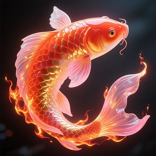 超现实风格的梦幻锦鲤，身体呈现出流动的渐变效果，闪耀着明亮的橙红色光芒，搭配温暖的金色和柔和的粉色点缀，鱼鳞如同燃烧的火焰般层层叠叠，半透明的鱼鳍边缘泛着炽热的光晕，整体造型优雅地弯曲成环形，充满神秘而热烈的氛围，细节精致，光影效果梦幻，色彩鲜明且富有层次感。