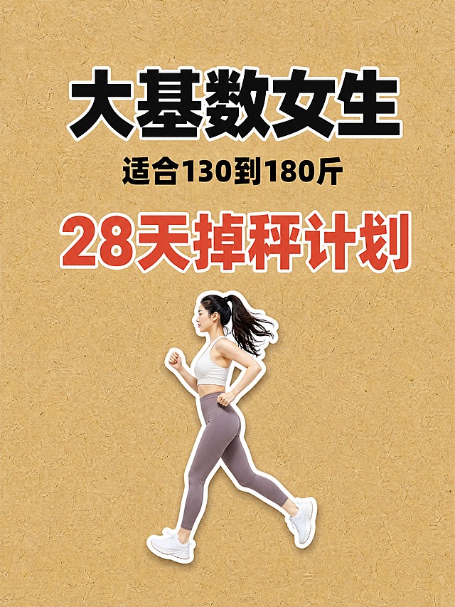 小红书减脂科普封面，竖版3:4，牛皮纸纹理背景，偏黄棕色#C9A876，表面有不规则纸张纤维纹理和细小纸浆斑点，质感类似复古牛皮纸，纹理细腻均匀无渐变。画面顶部居中：近黑色#0A0A0A超粗黑体（思源黑体Heavy）「大基数女生」，字号占画面宽度约75%，文字带3px白色外描边，逐字锁定不得增删改字。其下方一行黑色粗体「适合130到180斤」，字号约为大标题的40%，居中。画面中央：朱红色#E05A47超粗黑体「28天掉秤计划」，字号占画面宽度约70%，带3px白色外描边，逐字锁定不得增删改字。画面底部：一个写实摄影风格的卡通跑步女生，扎马尾穿运动服，抠净白底带向下2px模糊4px的轻微投影，像贴纸悬浮在纸面上。四周留10%安全边距，全部元素居中对齐，行距宽松。文字精准无错字，引号内文字原样呈现，不出现二维码、logo、水印、品牌名、假英文、乱码，排版对齐工整，字体清晰。画质：高清细腻，牛皮纸肌理真实，文字边缘锐利，信息层级清晰。4K。