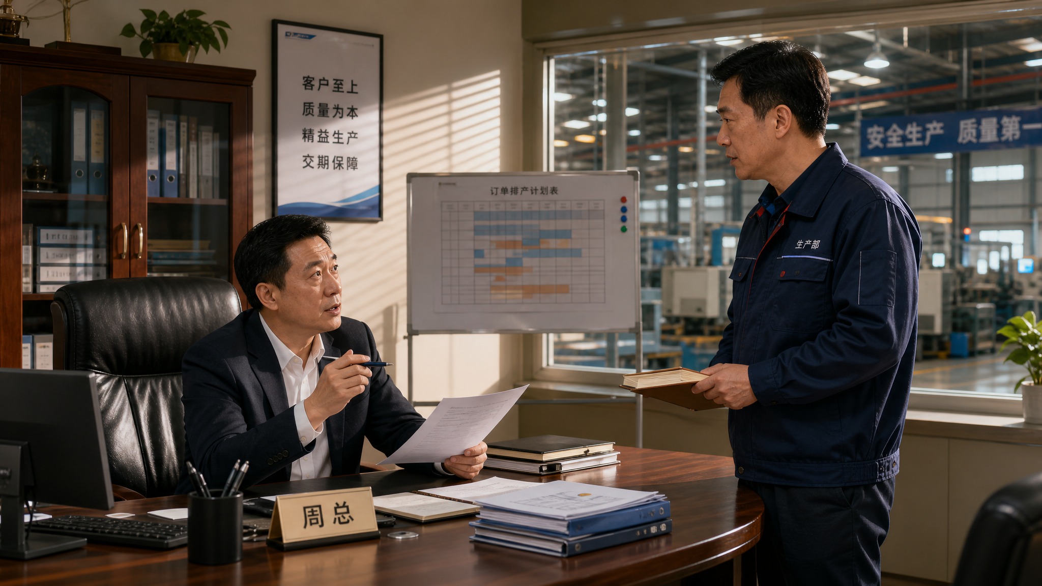 现代制造业工厂办公室场景，下午时分，阳光透过百叶窗洒进室内。一… - 图片创意预览