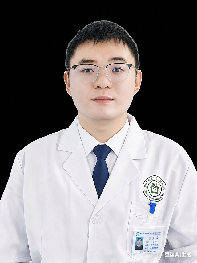 保留外套不变，保留外套上的LOGO和工作牌，将里面衣服换为白色衬衣，男士添加蓝色领带，保持人物主体和脸型不变，保留原背景