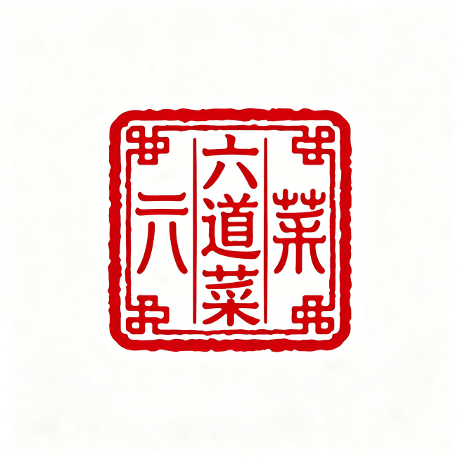 徽章标Logo设计，中式餐饮品牌"六道菜"，采用传统方形印章结构，红色方形外框，品牌名称"六道菜"三个汉字居中放置，复古篆书字体，传统中式印章风格，整体遵循对称构图，红色配白色，矢量图，传递传统餐饮文预览效果