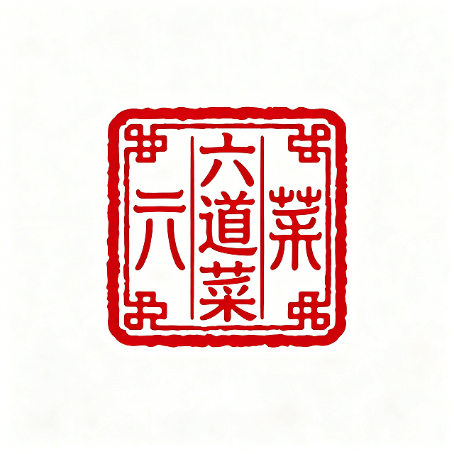 徽章标Logo设计，中式餐饮品牌"六道菜"，采用传统方形印章结构，红色方形外框，品牌名称"六道菜"三个汉字居中放置，复古篆书字体，传统中式印章风格，整体遵循对称构图，红色配白色，矢量图，传递传统餐饮文化的复古质感，细节清晰，文字可识别。