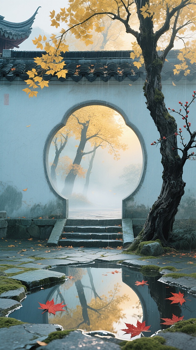 竖构图，宋代水墨风格工笔重彩，深秋的江南古刹后院，画面中央是半月形的青石板浅滩，倒映着斜斜掠过的丹枫枝桠，形成破碎却灵动的对称。前景是青苔斑驳的青灰色石阶，不规则的积水洼中沉着几片朱砂色枫叶，边缘泛着冷银色的反光。背景是几株千年银杏，金黄扇形叶片在黛色瓦檐间簌簌飘落，晨雾带着淡青色从飞檐斗拱间漫出，与初升朝阳的暖金交织成缥缈的光幕。左侧一株老梅虬曲的枝干斜插入画，墨色枝干上已缀着几点含苞待放的胭脂红。整体色调以靛青、赭石、泥金为主，笔触既有工笔的细腻勾勒，又有水墨的氤氲晕染，宣纸纹理间透出古旧的绢黄色，垂直的银杏树干与水平的浅滩倒影形成禅意的几何对比，营造出"空山新雨后，天气晚来秋"的空灵意境。