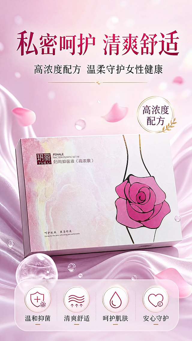 [商品] 使用【图2】玥丽妇用抑菌液高浓度套装礼盒；保留礼盒方正结构、粉紫渐变大理石纹理、右侧粉色玫瑰花图案、金色线条装饰、左上角玥丽YUE LI品牌Logo及中英文产品名称文字、左下角"呵护肌肤·爽洁舒适"文字；礼盒颜色、材质、图案、文字完全保真，不改变比例和结构。
[画面] 目标：详情页首屏海报，突出女性私密护理产品的高级感与核心卖点。构图：参考【图1】版式，上半部分大标题+副标题，中部产品礼盒斜放悬浮展示，底部4个圆形利益图标；产品占画面约50%，居中偏下位置，礼盒正面朝向观众略侧转，有自然投影；背景为粉紫色渐变流体丝绸质感，点缀柔和光斑和花瓣元素，营造柔美高级氛围；前景点缀透明水滴/精华液质感元素，中景产品主体，远景渐变光晕，3层以上视觉层次。
[视觉] 套系策略：风格=高级柔美女性护理商业海报风；标题字=现代粗黑体+衬线体组合；正文字=简洁无衬线体；主色=粉紫渐变（玫粉、淡紫、裸粉）；背景延展=基于粉紫色做深浅流体渐变、丝绸质感流动纹理；强调色=金色，仅用于小面积图标描边、引线、标签和装饰线条；标题色=深玫红+黑色组合；正文色=深紫灰；组件=圆角半透明信息卡、细线引线、圆形图标底；光影=顶部柔光+产品轮廓光，整体明亮通透。
[文字] 顶部主标题"私密呵护 清爽舒适"（玫红色大字），副标题"高浓度配方 温柔守护女性健康"（黑色中字）；产品右侧或上方加小标签"高浓度配方"；底部4个圆形图标配文字：「温和抑菌」「清爽舒适」「呵护肌肤」「安心守护」；所有文字横向排版，不遮挡礼盒主体和玫瑰花图案；文字清晰可读，适配手机端浏览。
[规格] 图片比例9:16竖版，4K，避免变形、错字、文字过小、医疗功效承诺、绝对化用语、低俗擦边内容、冷蓝灰背景、产品颜色改变、包装文字错乱。