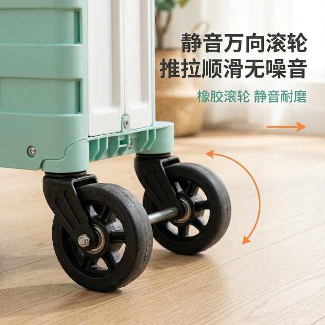 核心视觉规范关键词：整洁收纳，极简主义，高亮通透，清新生活感。静音万向滚轮细节特写主图，局部特写两轮大号款薄荷绿与白色拼接折叠购物车的滚轮与地面接触状态，滚轮细节占画面百分之六十区域。背景为浅木色地板预览效果