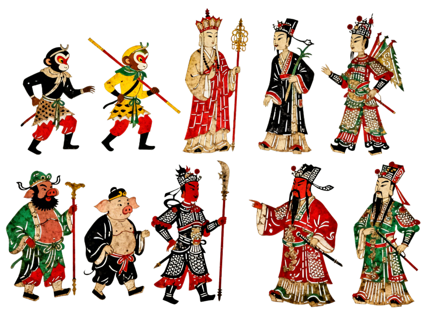 中国传统皮影戏风格，包含西游记的典型角色孙悟空、唐僧、猪八戒、沙悟净，以及三国演义的典型角色刘备、关羽、张飞、诸葛亮，人物造型为皮影的镂空雕刻样式，配色是皮影常用的红、黑、绿、黄传统色彩，整体是复古的预览效果