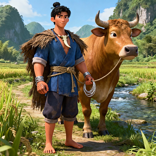 2. 牛郎（牧云）服装：粗布短褐（靛蓝色），腰间束麻绳，外罩蓑衣（雨天用），赤足，颈戴老牛赠的骨哨，手腕系织女送的银丝外形：20岁，古铜肤色，黑发束成简单发髻，剑眉星目，身材精壮，手掌有劳作薄茧，身高178cm性格行为：质朴善良，勤劳勇敢，不善言辞但眼神真诚，牧牛时吹骨哨，喜仰望星空AI生图提示词：国漫3D卡通古风风格，古代青年角色，靛蓝色粗布短褐，赤足，颈戴骨哨，黑发束髻，剑眉星目，牵着老黄牛站在田野，背景是青山小溪，整体色调青绿褐，服装质感朴实，8头身比例，阳光健康气质