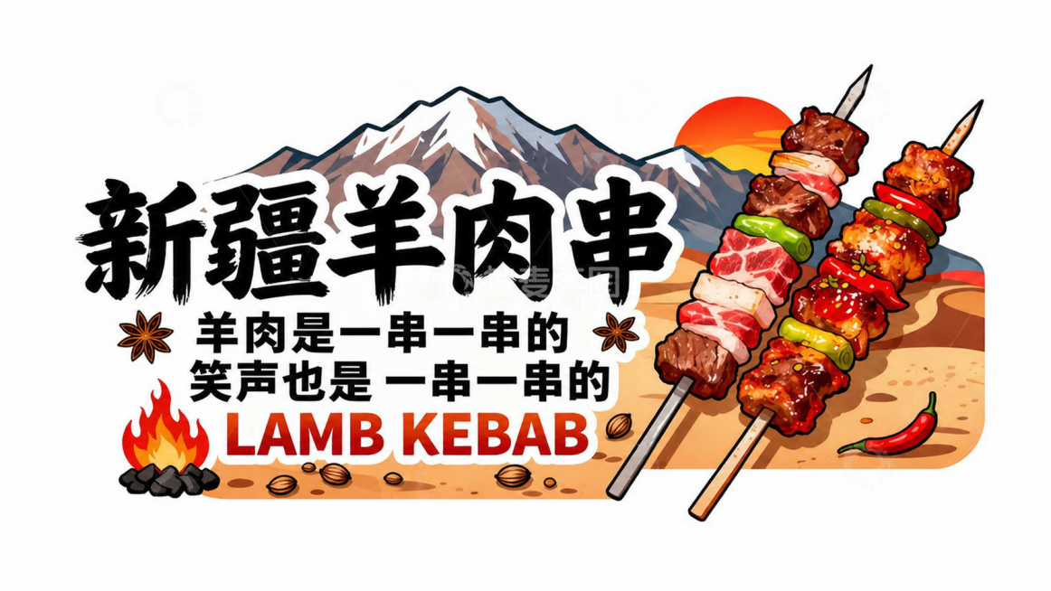 整体画面不变，仅更换图中的副标题文字，将原文字更换为“羊肉是一串一串的 笑声也是 一串一串的”，保留其余所有画面元素、构图和风格不变预览效果