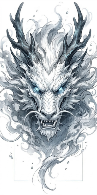 保留原图水墨插画风格，只绘制东方龙正面视角的龙头，主体为白色，带有蓝灰色水墨渲染效果，飘逸鬃毛，尖角，精致鳞片，留白背景，水系氛围，仅保留龙头部分预览效果