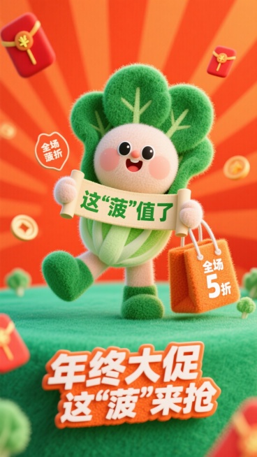 主视觉为可爱菠菜小人手持卷轴，写有 这“菠”值了，旁边放着一个购物带，挂着一个带“全场5折”的标签，促销感橙红背景，放射线、红包元素点缀，画面下方3D文字标签“年终大促 这‘菠”来抢。预览效果