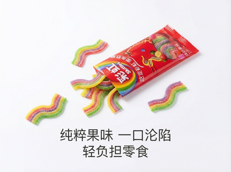 做极简高级风主图，背景用纯净的白色，仅展示一包打开的箭牌彩虹面条软糖和散落的几条软糖，添加简洁的卖点文字“纯粹果味 一口沦陷”“轻负担零食”，画面干净高级，突出产品本身预览效果