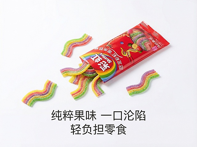 做极简高级风主图，背景用纯净的白色，仅展示一包打开的箭牌彩虹面条软糖和散落的几条软糖，添加简洁的卖点文字“纯粹果味 一口沦陷”“轻负担零食”，画面干净高级，突出产品本身