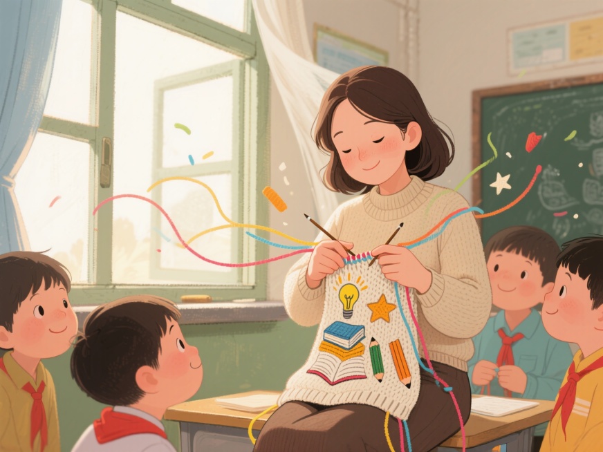 一位温柔的女教师坐在教室的窗边，手中拿着毛线针正在织毛衣，彩色的毛线在她指尖飞舞，毛衣上编织出书本、铅笔、星星和灯泡的图案，象征知识的传输。几个学生围在她身边，好奇地看着，脸上带着微笑，阳光透过窗户洒预览效果