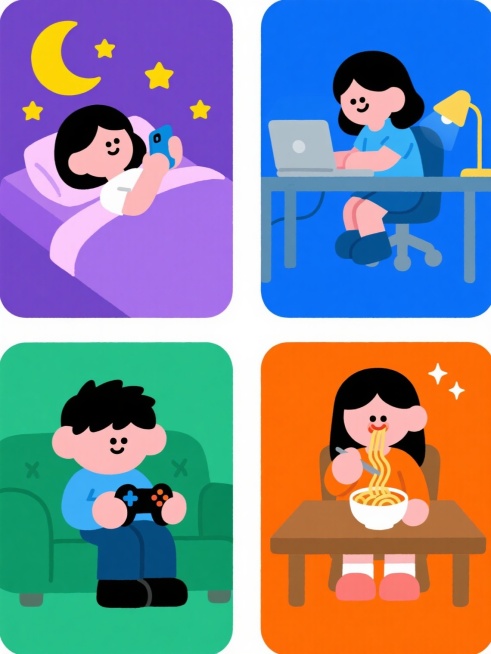 四个规整排布的卡通风格熬夜场景插画，保持简约圆润的线条、平涂色彩和无渐变质感，每个场景采用不同纯色背景。第一个场景：紫色背景下女孩躺床上玩手机，周围有黄色星星月亮；第二个场景：蓝色背景下女孩在书桌前用电脑工作，桌上有台灯；第三个场景：绿色背景下男孩坐在沙发上打游戏，手握游戏手柄；第四个场景：橙色背景下女孩坐在餐桌前吃夜宵，面前有一碗泡面。所有人物保持相同的卡通造型风格，画面元素简洁，构图对称，……预览效果