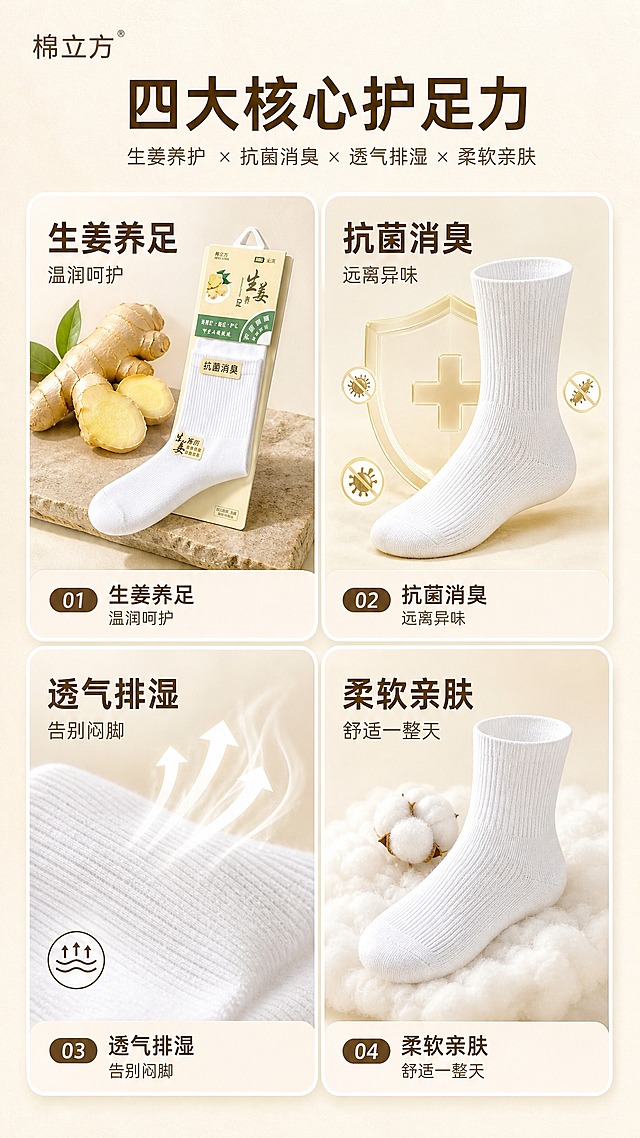 [商品] 使用【图1】棉立方生姜养足抗菌消臭中筒袜白色款及吊卡包装；保留袜子竖纹肌理、白色颜色、包装生姜图案；商品处理：增强棉质纹理和包装印刷清晰度。
[画面] 目标：核心功效解析页，四宫格展示四大核心优势。构图：2×2四宫格拼图布局，每格一个功效主题；左上：生姜养足（配生姜元素+袜子），右上：抗菌消臭（配盾牌防护图标+袜子），左下：透气排湿（配气流图标+袜子纹理特写），右下：柔软亲肤（配棉花/云朵元素+袜子）；每格底部有编号和短标题。
[视觉] 套系策略：风格=暖调自然高级商业摄影；标题字=现代黑体粗体；正文字=简洁无衬线黑体；主色=米白+浅姜黄；背景延展=基于米白和浅姜黄做深浅层级、同色渐变和细腻纸张/石材质感；强调色=深姜棕色，仅用于小面积图标、引线和编号标签；标题色=深棕褐色；正文色=中暖灰；组件=圆角分格卡片、细线图标、编号胶囊；光影=每格独立柔和布光，整体统一。
[文字] 顶部大标题"四大核心护足力"，每格内有功效标题和1-2行简短说明：1.生姜养足 温润呵护、2.抗菌消臭 远离异味、3.透气排湿 告别闷脚、4.柔软亲肤 舒适一整天；文字全部横向排版。
[规格] 图片比例9:16竖版，4K，避免变形、错字、文字过小、格子大小不均、冷色调。