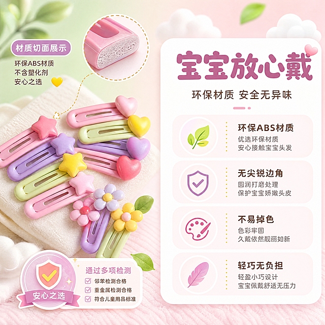 [商品] 使用【图1】儿童BB夹；保留环保塑料材质、磨砂表面、无尖锐边角；商品处理：展示材质切面和安全检测感，突出无害材质。
[画面] 目标建立母婴安全信任感，左右分栏构图，左侧为BB夹材质特写和安全图标，右侧为文案说明区，产品占画面35%，背景是清新的浅绿+浅粉渐变，点缀小叶子和云朵图形，营造安全健康氛围。
[视觉] 套系策略：风格=拼多多萌系可爱风商业摄影；标题字=圆润粗黑体；正文字=圆角无衬线体；主色=奶油粉+马卡龙紫；背景延展=基于奶油粉做深浅层级、同色渐变和细腻织物/毛绒质感；强调色=鹅黄色，仅用于小面积图标、引线和价格标签；标题色=深粉紫；正文色=暖灰棕；组件=圆角白底信息卡、虚线引线、圆点装饰；光影=左前侧暖柔光，柔和阴影。
[文字] 右侧主标题"宝宝放心戴"，副标题"环保材质 安全无异味"，下方4个安全卖点配图标："环保ABS材质"、"无尖锐边角"、"不易掉色"、"轻巧无负担"，用圆角卡片和图标组合呈现。
[规格] 图片比例1:1方形，4K分辨率，medium质量，避免变形、错字、文字过小、冷蓝背景、医疗化表述、绝对化用语。