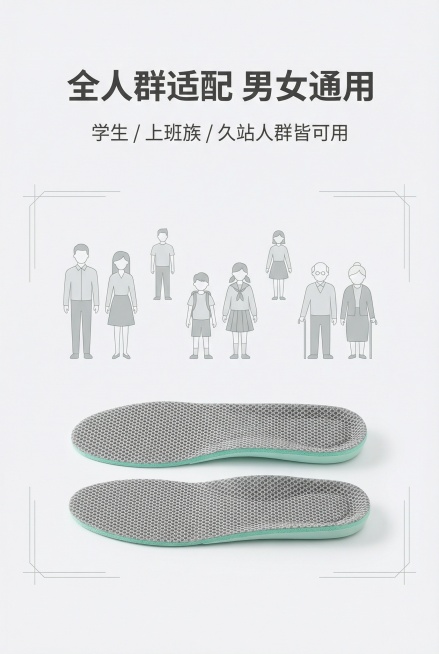 严格还原上传产品参考图，精准复刻产品配色（灰色蜂窝网面+薄荷绿泡棉），产品比例1:1真实还原，无偏差色彩无失真。画面比例为 2:3 竖版，高级简约风格，统一莫兰迪浅灰薄荷绿色调。主标题「全人群适配 男预览效果