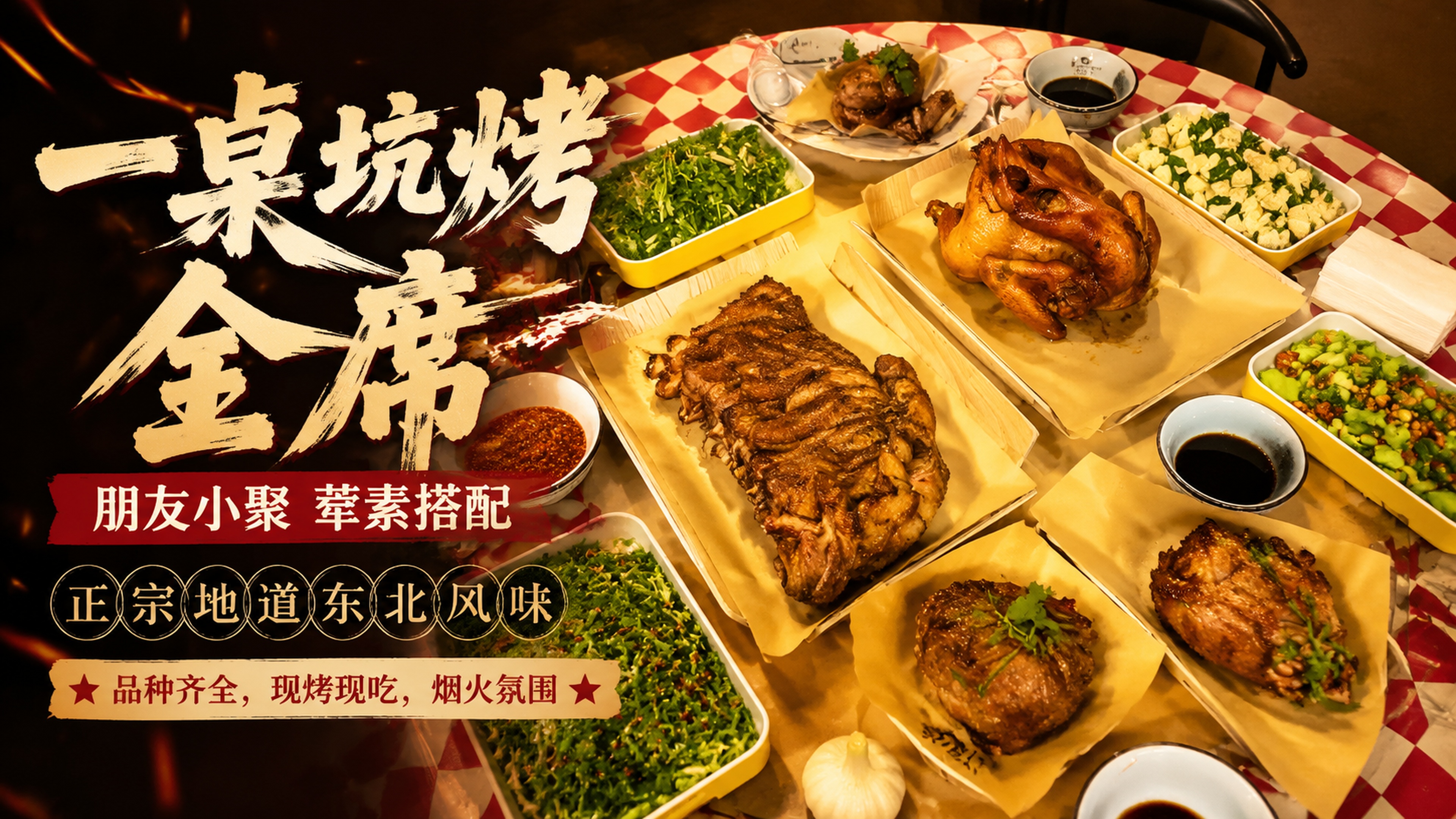 美食banner设计，写实商业摄影风格，主标题“一桌坑烤全席”… - 图片创意预览