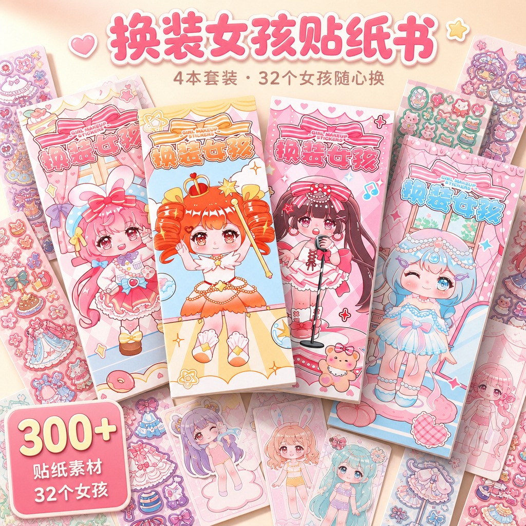 1:1正方形电商主图。4本长条竖版封套贴纸书斜向交叉堆叠、扇形… - 图片创意预览