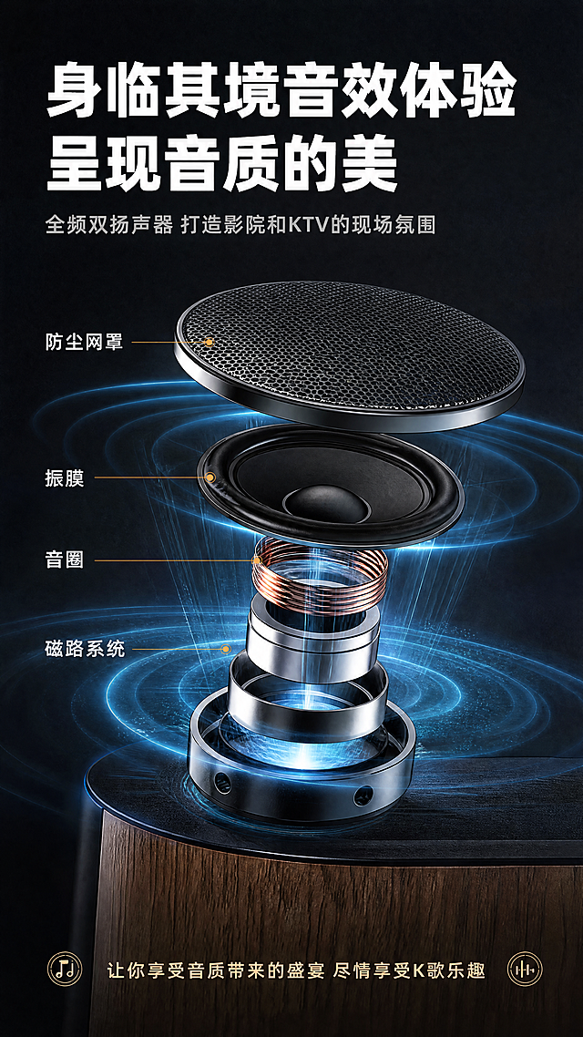 [商品] 使用【图7】喇叭单元爆炸结构参考；本页为音质体验实测页，以喇叭结构和声波效果为主。
[画面] 目标：深度说服-音质体验，身临其境的音效感受。构图：上标题+中部喇叭单元爆炸分层+底部体验文案；喇叭单元从网罩到振膜到音圈层层分解悬浮，蓝色声波从中心向四周扩散；背景为深灰色渐变，带细腻颗粒质感；整体氛围高级有质感。
[视觉] 套系策略：风格=国内数码家电商业精修风，科技感+温馨家居结合；标题字=思源黑体粗体，大字厚重；正文字=思源黑体常规，清晰易读；主色=深棕木纹色+黑色；背景延展=深炭灰渐变背景，细腻颗粒质感，同色系深浅层级；强调色=科技蓝+暖橙色，用于声波光效、高亮标签；标题色=白色；正文色=浅灰；组件=分层爆炸结构、发光声波、细线标注；光影=喇叭单元侧光，层次分明，声波发光效果。
[文字] 顶部主标题"身临其境音效体验 呈现音质的美"（白色粗体大字，分两行）；副标题"全频双扬声器 打造影院和KTV的现场氛围"（浅灰色小字）；喇叭分层旁用细线标注："防尘网罩""振膜""音圈""磁路系统"；底部一行体验文案："让你享受音质带来的盛宴 尽情享受K歌乐趣"；所有文字横排。
[规格] 图片比例9:16竖版，4K，负向提示：避免错字乱码、文字过小、喇叭结构错误、冷蓝刺眼、纯白底、产品变形。