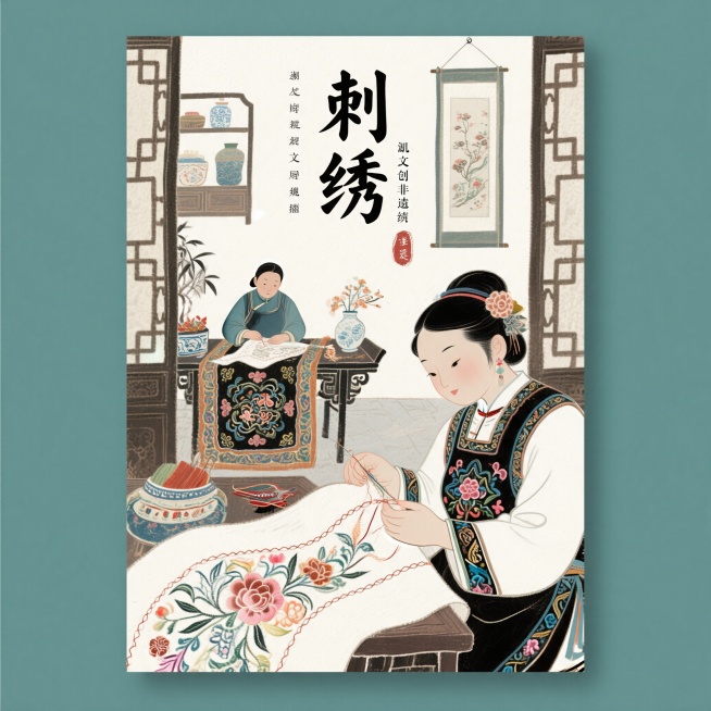 原创非遗刺绣主题国风插画，包含传统民俗手工艺人，搭配传统刺绣纹样和古雅室内场景，整体为国潮新中式美学风格，版式松弛留白舒适，只保留主标题文字"刺绣"，色彩统一有系列感，手绘插画风格预览效果