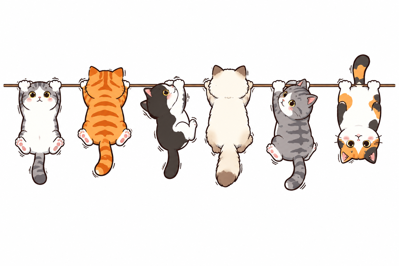 参考图中的卡通猫咪插画风格，重新生成多只不同花色的可爱猫咪挂在… - 图片创意预览