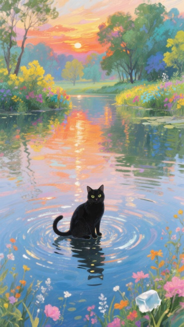 波光粼粼的湖面中央蹲着一只小黑猫，湖面周围各种各样的花草开的很旺盛，五颜六色的，远处的天空上挂着晚霞，湖面也被映照的五光十色，以小黑猫为中心的湖面荡开一圈一圈的水波纹，整体色调树影绿、柠檬黄、海盐蓝、预览效果