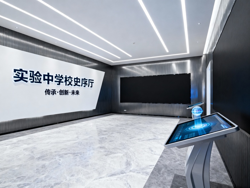 实验中学校史展厅
序厅：时光之门・精神序章​

前言、​互动节点

第一展区：拓荒岁月・弦歌不辍（19XX-19XX）​
板块主题 从初创到奠基，在艰辛中扎根生长​
​互动设计 触摸查询屏内置 “校史预览效果