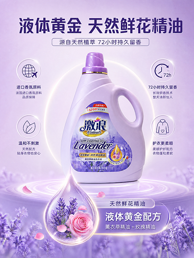 [主图-3]香氛成分拆解图，突出天然精油卖点。氛围风格：干净专业，轻科技感。画质：商业摄影，清晰通透，细节丰富。元素：保持洗衣液瓶子整体外观和颜色一致，瓶子居中放置，画面下半部分展示核心成分区：圆形水滴图标里展示薰衣草花+玫瑰花瓣，标注天然鲜花精油，突出液体黄金配方。产品细节精确还原无变形。光影：柔和主光搭配轮廓光，突出产品和成分区层次。配色：浅紫渐变背景，搭配白色和深紫色文字，对比清晰。文字版式：顶部主标题写"液体黄金 天然鲜花精油"，粗体大字；瓶子周围分点标注：「进口香氛原料」「72小时持久留香」「温和不刺激」「护衣更柔顺」，每个卖点搭配小图标，排版整齐不遮挡主体。比例分辨率：3:4比例，4k分辨率，文字清晰可辨，超高清。负向提示词：变形，水印，文字错乱，过重医药风，背景杂乱