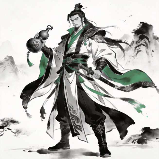 三国庞统全身像，武器为葫芦酒壶，古风武侠结合时尚裁剪，气势十足有记忆点，逆水寒仙侠风格，黑白绿配色预览效果