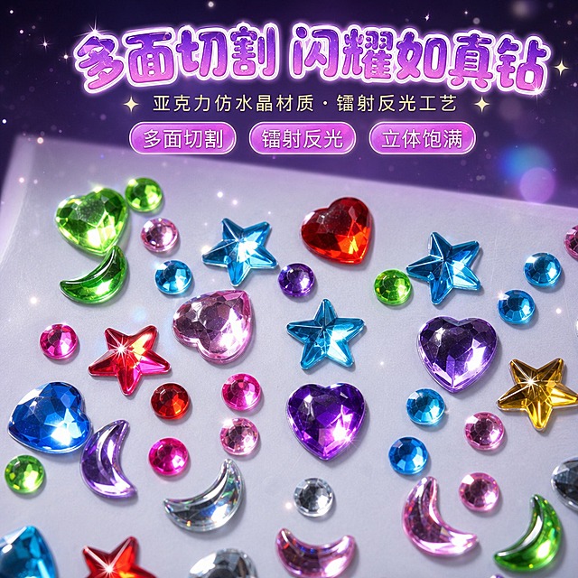 电商产品主图，1:1正方形构图。严格还原上传的亚克力宝石钻饰贴纸产品，包括贴纸背卡设计、钻饰形状、颜色、排列方式、透明覆膜等所有细节。画面为贴纸背卡的局部微距特写镜头，不展示整张背卡全貌，只截取其中一块区域约5×5cm的范围，但区域内钻饰的排列方式、间距、造型组合严格还原原图排版——一颗红色心形钻旁边紧挨着一颗蓝色五角星钻，旁边错落分布着紫色月牙钻和绿色圆形小圆钻，钻与钻之间的相对位置、疏密节奏与上传产品图完全一致，呈现贴纸局部放大的真实感，而不是几颗钻随意散放。大钻（心形/星星/月亮）每颗直径约0.8cm，小圆钻直径约4mm，在画面中大小比例真实自然。强光从左上方斜射下来，每颗钻面的多切面都折射出璀璨夺目的七彩镭射高光，边缘锐利闪耀，钻身通透明亮如水晶，颜色极致饱和鲜亮——正红、天蓝、翠绿、紫罗兰、亮粉、明黄全部鲜亮通透，绝对不能发黑、发灰、发暗、暗沉、浑浊或蒙雾。白色背卡在钻饰缝隙间隐约可见，背卡边缘处自然虚化出画。画面上方居中放置主标题"多面切割 闪耀如真钻"，采用圆润气泡可爱文字效果，粉紫到白色渐变，带粗白描边和柔和外发光，居中对称排版；主标题下方一行副标题"亚克力仿水晶材质・镭射反光工艺"，使用细体浅金色无衬线字体，居中排列，左右两侧点缀小闪光装饰。副标题下方横向排列三个小圆角标签，从左到右分别写着"多面切割""镭射反光""立体饱满"，标签为粉紫渐变气泡框样式，圆润可爱。背景为深紫色到黑色的暗调渐变，画面四角暗角处理，聚焦中央钻饰群，背景中有细碎的星光光斑散景。整体风格为软萌少女风，光线锐利集中，明暗对比强烈，既保证贴纸排版还原，又突出钻饰的切割工艺和水晶质感，标题醒目清晰，排版层次分明，高级有美感。商业摄影质感，高清微距特写。第1张版本。