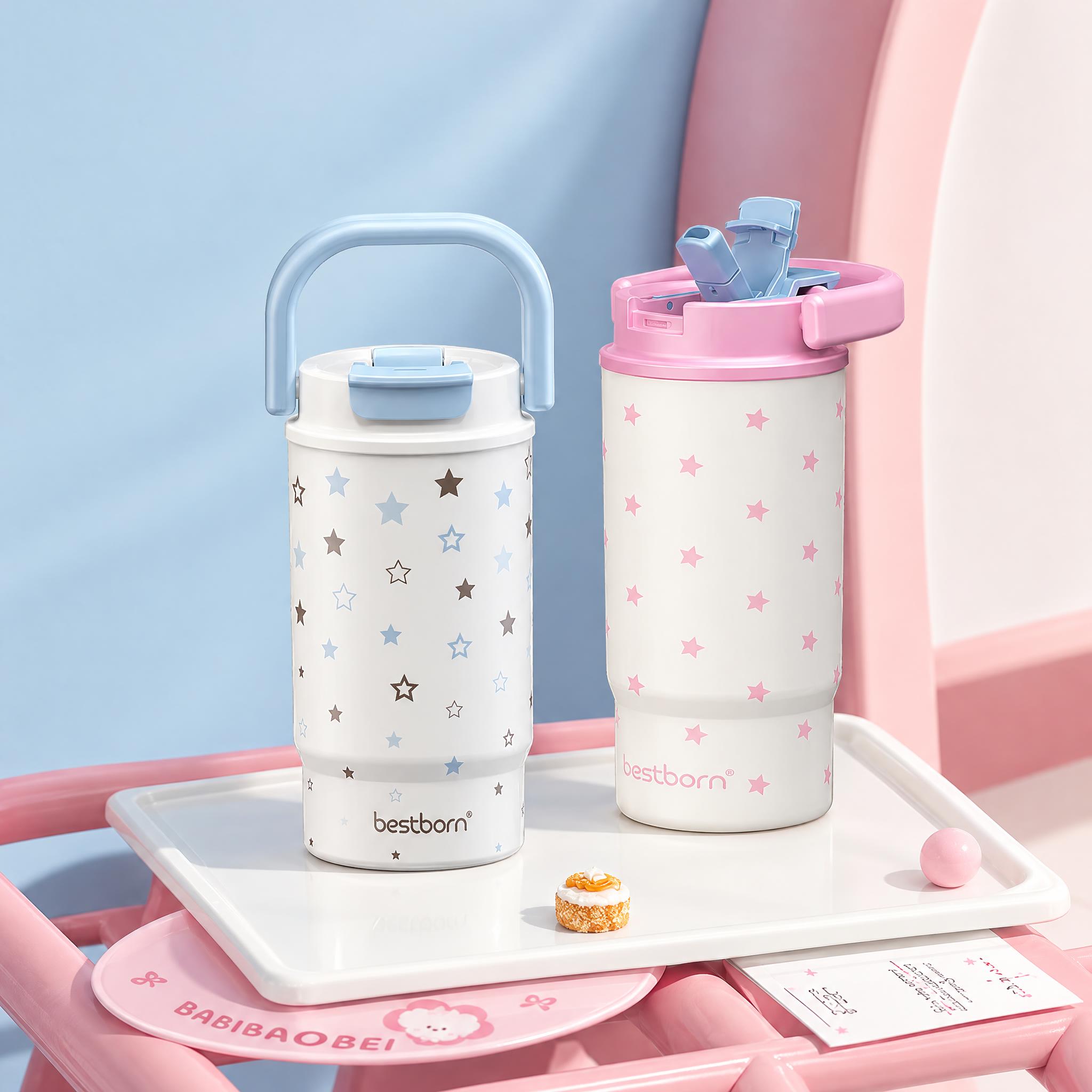 将图一中的两个bestborn保温杯（左侧蓝把手星星款、右侧粉… - 图片创意预览