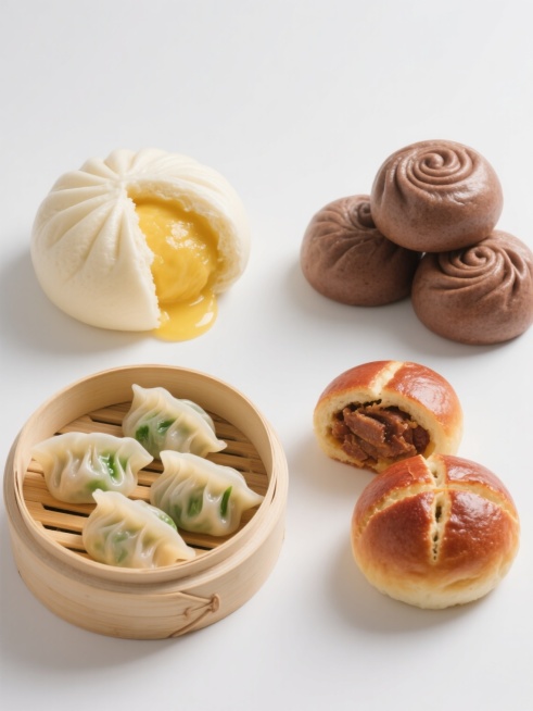 白色背景上，四个完全不同的中式面点以2x2网格规整排布，每个面点都采用超写实摄影风格，光线明亮柔和，突出食物的质感和细节：左上角是一个被切开一半的奶黄包，金黄的内馅流淌出来，表面有细腻的褶皱；右上角是三个堆叠的豆沙包，呈现出饱满的圆形，顶部有螺旋状的收口；左下角是一盘蒸饺，半透明的饺子皮隐约可见翠绿的蔬菜馅料，整齐地排列在竹制蒸笼垫上；右下角是两个叉烧包，表面呈诱人的棕红色，顶部有十字形的裂口……预览效果