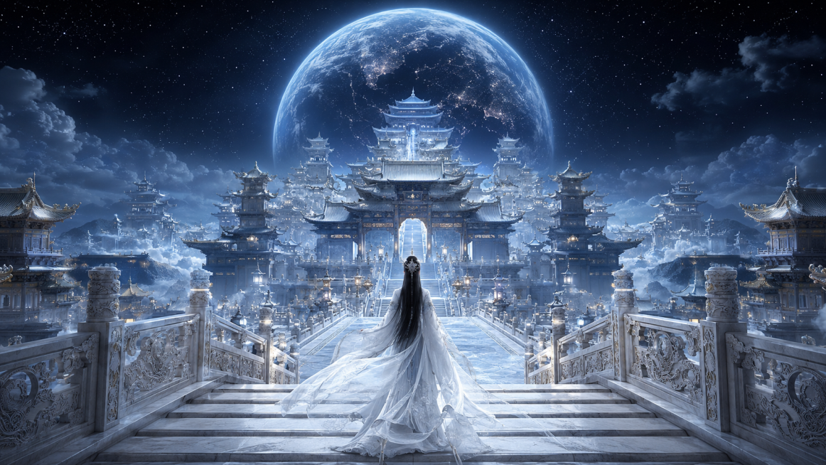 核心主题：月夜天宫广场秘境，星穹之上的东方仙宫，史诗级中式仙侠美学场景，极繁主义细节，极致对称空间压迫感，兼具清冷仙气与空灵史诗感。场景设定：视角为对称纵深构图，以天阶女子与宫殿群为引导线，强化从近景预览效果