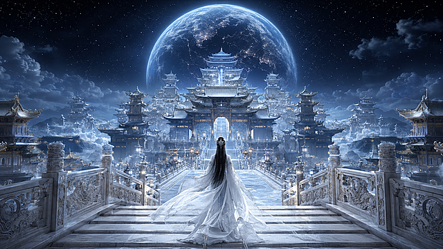 核心主题：月夜天宫广场秘境，星穹之上的东方仙宫，史诗级中式仙侠美学场景，极繁主义细节，极致对称空间压迫感，兼具清冷仙气与空灵史诗感。场景设定：视角为对称纵深构图，以天阶女子与宫殿群为引导线，强化从近景阶梯到远景主殿的多层级空间延伸感，打造天阶望仙宫的史诗透视效果；近景白玉天阶上，身着素白古装的女子缓步前行，长发垂落，衣袂随风轻扬，目光望向宫殿群深处，衣料如轻纱般飘逸，泛着微光，极具清冷仙气；中景中央巨型中式宫殿群沿中轴线对称分布，主殿居中，飞檐翘角，层叠楼阁鳞次栉比，尽显天宫盛景；天阶两侧白玉栏杆雕工繁复，指引着视线向远方延伸；背景为深邃月夜天际，巨型蓝地球悬于星空，轮廓清晰可见，璀璨繁星点缀夜空，月光洒在宫殿与天阶上，通过对称构图、建筑延伸、光影明暗对比，极致放大场景的清冷恢弘感与空灵氛围。细节与光影：建筑细节包含宫殿群飞檐斗拱、雕花梁枋、天阶石质纹理、栏杆雕刻细节、衣料轻纱质感，细节可放大赏析；环境细节包含地球光影与轮廓、星空璀璨纹理、古装女子衣袂褶皱与发丝动态，微观层次饱满；采用近实远虚、冷调为主的光影逻辑，近景天阶与人物在柔光下细节清晰，中景宫殿群泛着清冷微光，远景地球与星空泛着幽冷光晕，通过明暗对比与虚实渐变强化仙侠感，整体光影层次丰富，氛围感拉满；质感包含建筑石材质感、天阶温润石材质感、衣料轻纱飘逸感，8K超写实渲染，极致细节质感。风格与画质：中式仙侠美学，月夜史诗，极繁主义构图，秩序井然的元素堆叠，通过对称空间压迫感与冷调光影打造极致清冷恢弘感；UE5渲染，8K超清，电影级调色，景深效果，HDR，禁止西方建筑元素、现代科技、畸形扭曲、模糊纹理、杂乱色彩、过曝/死黑区域，禁止人物出现畸形肢体，禁止破坏空间纵深感的平面化构图