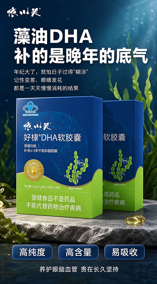 依山笑好棣DHA软胶囊产品包装盒100%还原上传商品图的产品外形、包装、LOGO、印刷文字、净含量，以上传图为唯一商品主体来源，完整保留原图中的盒型、轮廓、结构、比例、标签版式、品牌logo、文字信息、材质质感、颜色与正面朝向，包装、配色、产品结构与标签布局均与上传图保持一致；正面朝向以品牌与标签主要信息清晰可读为准；设计仅作用于背景、光影、道具、版式和文字区；商品主体占比50%～60%，文字不遮挡主体。

一张竖版中老年营养保健品商业海报，写实商业摄影风格，沉稳温暖、专业可信。

画面顶部是主标题大字："藻油DHA 补的是晚年的底气"，白色粗黑体，字号最大，视觉醒目。
主标题下方是三行情感文案小字："年纪大了，就怕日子过得'糊涂'""记性变差、眼睛发花""都是一天天慢慢消耗的结果"，浅白色细黑体，左对齐排版。

画面中部偏下是产品主体：依山笑好棣DHA软胶囊包装盒，两盒前后错落摆放，正面朝向观众，包装细节清晰完整。产品放置在浅灰色石质台面上，柔和侧光打亮包装盒，底部有自然柔和的接触阴影。

画面底部是卖点信息区，三个圆角矩形标签横向排列，分别写着："高纯度""高含量""易吸收"，白色文字配半透明深蓝底。
卖点标签下方是一行价值主张文字："养护眼脑血管 贵在长久坚持"，白色细黑体。

背景为深蓝色到深绿色的渐变，点缀极淡的海藻剪影和光点粒子，营造深海藻源的专业感与宁静氛围。左上角有"依山笑"品牌名小字。

整体版式精美，层级分明，四周留足安全边距，所有信息区域填充完整，无空白占位框。光源为侧前方柔光，质感高级，色调沉稳温暖，传递中老年健康养护的可信赖感。

画面中必须完整呈现以下文字信息：
"藻油DHA 补的是晚年的底气"
"年纪大了，就怕日子过得'糊涂'"
"记性变差、眼睛发花"
"都是一天天慢慢消耗的结果"
"依山笑藻油DHA"
"高纯度"
"高含量"
"易吸收"
"养护眼脑血管 贵在长久坚持"

画面中所有数字必须精确渲染，不得错位、遗漏或编造。
画面中所有信息区域、卖点标签、内容板块等必须填充完整合理的内容，不得出现空白框、空白占位、横线待填写区域、空列表项、空单元格。
