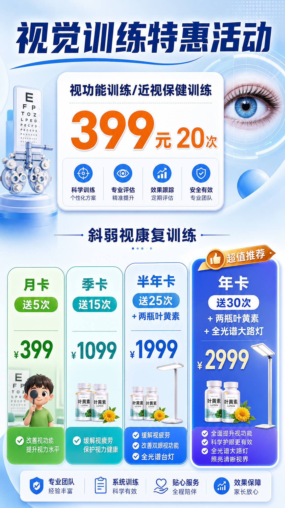 眼科视觉训练特惠活动海报，专业清晰风格，价目表版式。浅蓝白渐变… - 图片创意预览