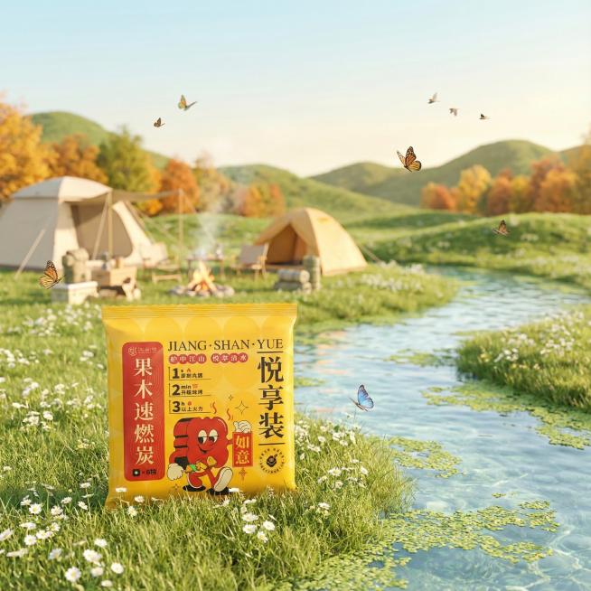 产品组合置于前景。背景为明媚的秋日风光：一片浅绿色的草地，点缀着白色小花，产品组合后面是户外露营营地，营地放大虚化，旁边蜿蜒着一条清澈的小河，水面漂浮着些许浮萍，远处是连绵的青山。天空呈现淡蓝色，光线预览效果
