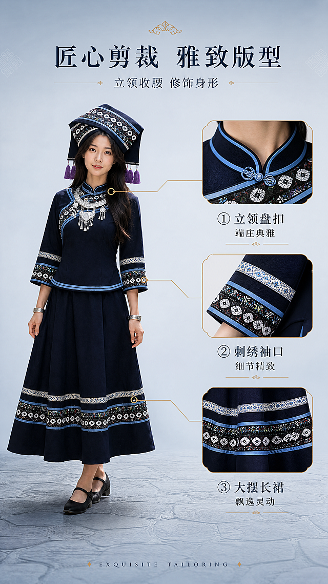 [第3屏] 版型解析-壮族服饰上衣+长裙多角度廓形与剪裁亮点。本屏使用【图1】作为服饰版型参考。
[氛围/风格] 精致产品解析风，简约高级，民族元素点缀，商业摄影质感。
[元素布局] 画面中央偏左为服饰正面全身展示（模特身着全套），右侧分布三个局部放大框：①领口立领盘扣设计 ②袖口刺绣纹样细节 ③裙摆多层刺绣边；用细引线从对应位置引出标注；背景为浅灰蓝色渐变，底部有青石板纹理台面承托；服饰颜色、结构、刺绣位置与输入图一致。
[光影质感] 左右柔光均匀照明，突出服饰轮廓与面料质感，下方自然投影，整体干净明亮。
[配色色系] 全局底色浅灰蓝#E8EDF2，主色藏青色，辅助色银灰、刺绣蓝白，点缀金色细线。
[视角构图] 正面平视，主体居中偏左，阅读动线顶部标题 → 左侧全身图 → 右侧三个解析点。
[文字版式] 版式为顶部居中标题 + 左侧主图 + 右侧三栏解析。主标题「匠心剪裁 雅致版型」，副标题「立领收腰 修饰身形」；右侧三个标注点分别配短文案：「立领盘扣 端庄典雅」「刺绣袖口 细节精致」「大摆长裙 飘逸灵动」；底部小号英文「EXQUISITE TAILORING」；字体为宋体标题+黑体正文，层级清晰。
[比例分辨率] 9:16 竖版比例，4K分辨率，文字清晰可辨。
[负向提示词] 服饰变形，比例失调，缺件错件，水印，文字过小，颜色偏差，背景杂乱。