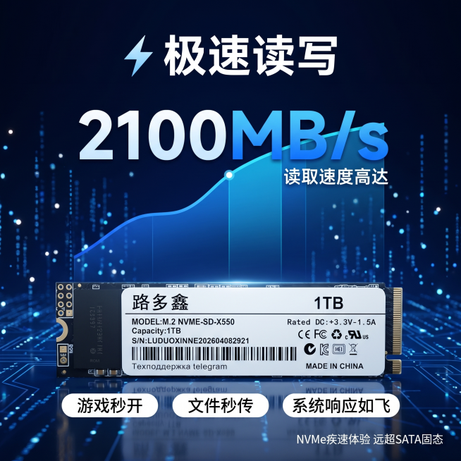 [主图 2] 路多鑫1TB NVMe固态硬盘速度性能展示；
[氛围风格] 现代科技风，数据可视化科技感；
[画质] 商业摄影质感，C4D Octane物理级超写实渲染，产品清晰真实，画面干净高级；
[预览效果