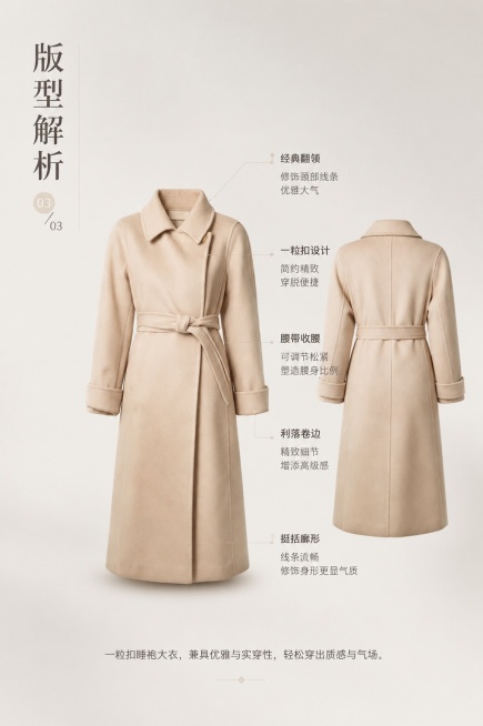 [第3屏] 版型结构解析页，解析一粒扣睡袍大衣的版型优势。本屏使用【图1】商品平铺图进行标注展示。
[标题版式] 左侧竖向主标题，右侧内容排布，字体纤细有设计感，引线标注采用浅色细线。
[氛围/风格]预览效果