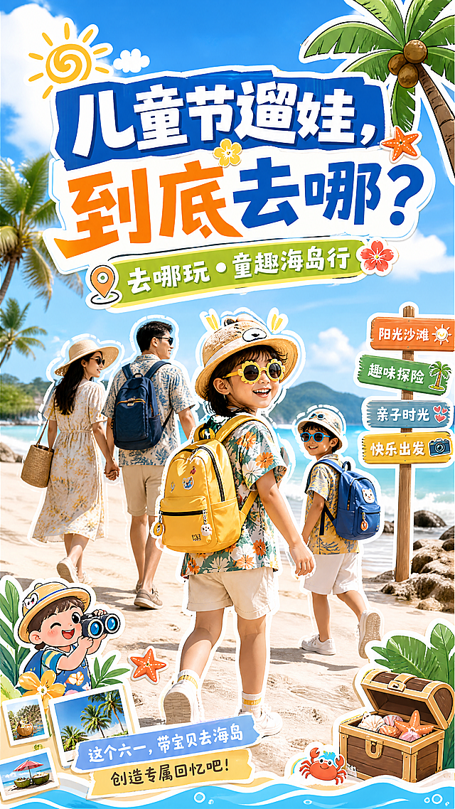 六一儿童节亲子主题海报，描边风与漫画风结合，拼贴式剪影设计，温馨可爱，趣味十足，传递轻松愉悦的节日氛围。主标题："儿童节遛娃，到底去哪？"，小标题"去哪玩•童趣海岛行"。背景是蓝天、大海、沙滩、椰子树，构建出经典海滨度假地。人物：写实风格儿童，儿童化身小小海岛探险家，戴着卡通遮阳帽、花朵墨镜，挎着小背包，和家人沿着海岛沙滩前行。