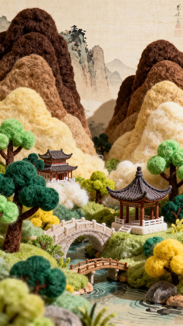 一幅中国传统山水画，但山峦与树木均由深浅不同的羊毛毡层层叠成，意境悠远，材质新颖，绢本设色质感。