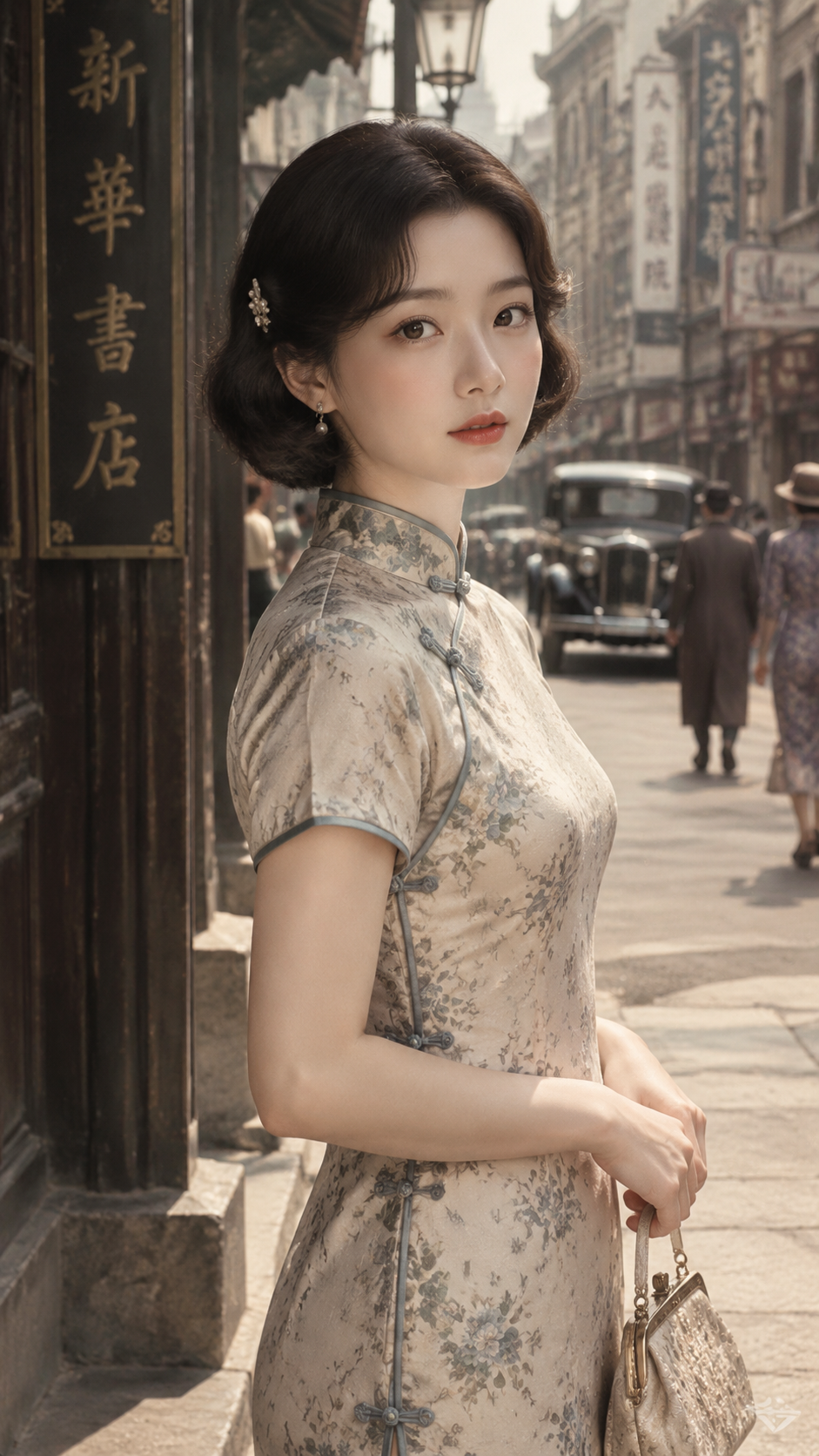 中国民国时期的年轻女生，身穿优雅的旗袍，留着齐耳短发，气质温婉… - 图片创意预览
