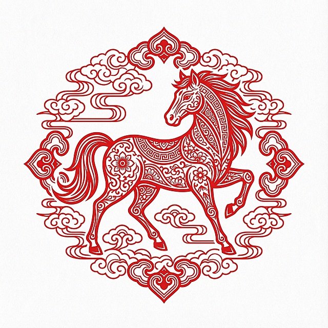 中国传统生肖马图腾设计，红色镂空骏马造型作为主体，线条流畅有力量感，马身内部填充精致吉祥纹样（回纹、如意纹、花卉纹理），整体造型庄重但不厚重；骏马四周对称环绕祥云与如意纹样，层次分明，疏密有致；画面采用严格对称构图，视觉中心明确；背景为纯白色或微米白宣纸质感，无多余装饰；整体风格偏现代国潮设计，平面感强，适合新年海报、电商视觉、包装主图，高级、干净、有节日象征意义。